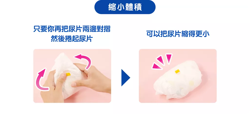 縮小體積　只要你再把尿片兩邊對摺然後捲起尿片。可以把尿片縮得更小