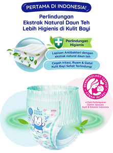 PERTAMA DI INDONESIA! Perlindungan Ekstrak Natural Daun Teh Lebih Higienis di Kulit Bayi. Perlindungan Higienis. Lapisan Antibakteri dengan ekstrak natural daun teh. Cegah Iritasi, Ruam & Gatal Kulit Bayi Sehat Terlindungi. DERMATOLOGY TESTED✳︎-CEGAH IRITASI. ✳︎Oleh Perhimpunan Dokter Spesialis Kulit & Kelamin Indonesia