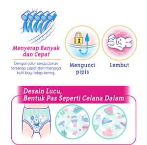 Menyerap Banyak dan Cepat-Dengan jalur serap,cairan terserap cepat dan menjaga kulit bayi tetap kering. Mengunci pipis. Lembut. Desain Lucu,Bentuk Pas Seperti Celana Dalam