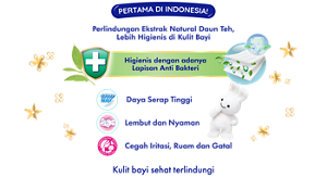 PERTAMA DI INDONESIA! Perlindungan Ekstrak Natural Daun Teh,Lebih Higienis di Kulit Bayi. Higienis dengan adanya Lapisan Anti Bakteri. Daya Serap Tinggi. Lembut dan Nyaman. Cegah Iritasi,Ruam dan Gatal. Kulit bayi sehat terlindungi