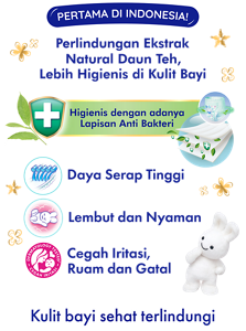 PERTAMA DI INDONESIA! Perlindungan Ekstrak Natural Daun Teh,Lebih Higienis di Kulit Bayi. Higienis dengan adanya Lapisan Anti Bakteri. Daya Serap Tinggi. Lembut dan Nyaman. Cegah Iritasi,Ruam dan Gatal. Kulit bayi sehat terlindungi
