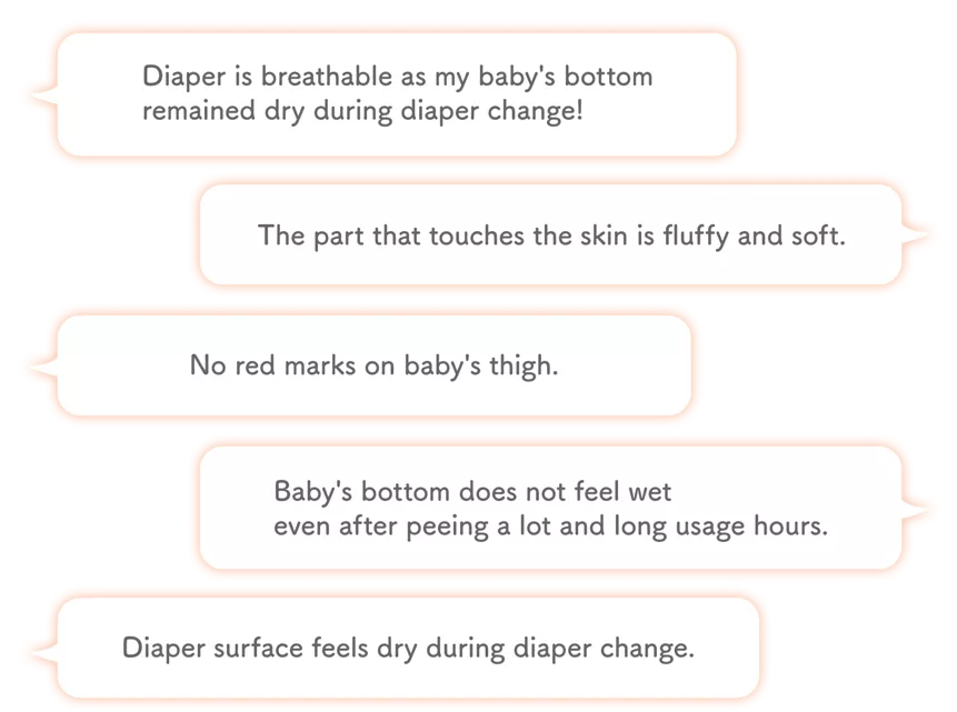 Diaper is breathable as my baby's bottom remained dry during diaper change!　The part that touches the skin is fluffy and soft.　No red marks on baby's thigh.　Baby's bottom does not feel wet even after peeing a lot and long usage hours.　Diaper surface feels dry during diaper change.