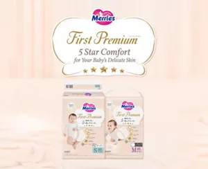 Based on Skin research.Merries First Premium.Using only the best quality ingredients for ultimate comfort.'With plenty of carefully selected ingredients, Merries, born of skin research, is now even higher quality. Click for more details 