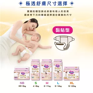 極透舒膚尺寸選擇　寶寶的體型跟成長會有個人的差異 請參考下方的體重選擇適合寶寶的尺寸　黏貼型　NB［出生〜5kg］/S［4〜8kg］/M(6〜11kg)/L(9〜14kg)/XL(12〜20kg)