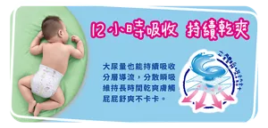 12小時吸收 持續乾爽　立體瞬吸設計　大尿量也能持續吸收分層導流, 分散瞬吸維持長時間乾爽膚觸 屁屁舒爽不卡卡。