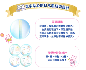 更多貼心的日本肌研究設計　尿濕顯示　尿濕後，尿濕顯示線會變成藍色。在高溫的環境下，尿濕顯示線可能在未使用前有些微變色，此為正常現象，並不影響紙尿褲品質。　可愛妙妙兔設計　共4種，每包1~2種。活潑可愛開心穿！