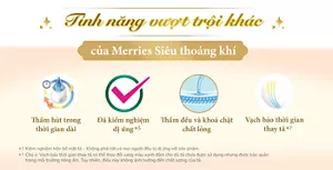 Tinh năng vượt tuội khác của Merries Siêu thoáng khí/Thấm hút trong thời gian dài/Đã kiểm nghiệm dị ứng*5/Thấm đều và khoá chặt chất lỏng/Vạch báo thời gian thay tã*7/*5 Kiểm nghiệm trên bề mặt tã – Không phải tất cả mọi người đều bị dị ứng với sản phẩm. *7 Chú ý: Vạch báo thời gian thay tã có thể thay đổi sang màu xanh đậm cho dù tã chưa được sử dụng nhưng được bảo quản trong môi trường nóng ẩm. Tuy nhiên, điều này không ảnh hưởng đến chất lượng của tã.