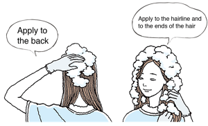 Apply to the back. Apply to the hairline and to the ends of the hair.