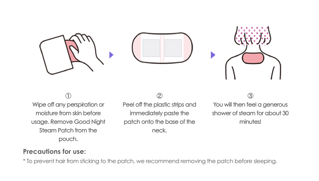 ①Wipe off any perspiration or moisture from skin before usage. Remove Good Night Steam Patch from the pouch. ②Peel off the plastic strips and immediately paste the patch onto the base of the neck ③You will then feel a generous shower of steam for about 30 minutes!