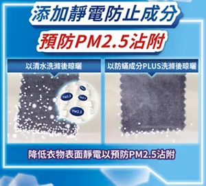 添加靜電防止成分　預防PM2.5沾附　降低衣物表面靜電以預防PM2.5沾附