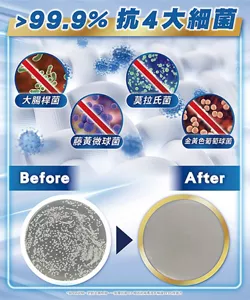 ＞99.9％抗4大細菌 大腸桿菌 莫拉氏菌 藤黃微球菌 金黃色葡萄球菌