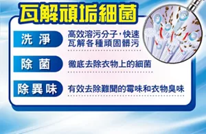瓦解頑垢細菌 洗淨 高效溶汙分子，快速瓦解各種頑固髒污 除菌 徹底去除衣物上的細菌 除異味 有效去除難聞的霉味和衣物臭味