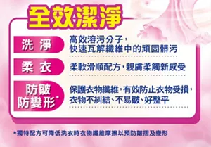 全效潔淨 洗淨 高效溶汙分子，快速瓦解纖維中的頑固髒污 柔衣 柔軟滑順配方，親膚柔觸新感受 防皺防變形 保護衣物纖維，有效防止衣物受損，衣物不糾結、不易皺、好整平