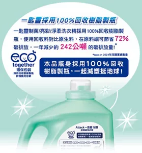一匙靈採用100%回收樹脂製瓶 一匙靈制菌/亮彩/淨柔洗衣精採用100%回收樹脂製瓶，使用回收料對比原生料，在原料端可節省72%碳排放，一年減少約242公噸的碳排放量！ ECO together 環保包裝 採用回收樹脂製瓶 詳情請見官網 本品瓶身採用100%回收樹脂製瓶，一起減塑挺地球！
