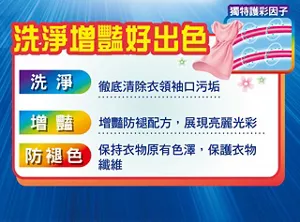獨特護彩因子 洗淨增豔好出色　洗淨 徹底清除衣領袖口污垢　增豔 增豔防褪配方，展現亮麗光彩　防褪色 保持衣物原有色澤，保護衣物纖維