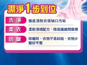 潔淨1步到位　洗淨 徹底清除衣領袖口污垢　柔衣 柔軟滑順配方，降低纖維間摩擦　防皺 晾曬時，衣物不易糾結，衣物少皺好平整