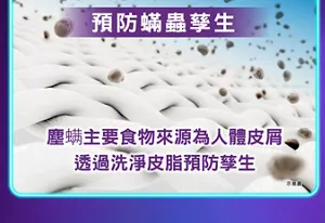 預防蟎蟲孳生 塵蟎主要食物來源為人體皮屑 透過洗淨皮脂預防孳生
