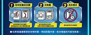 1 如何放置洗衣霸 將產品放入洗衣槽底部。使用滾筒式洗衣機時，請將產品放在洗衣槽底最深處　2 衣物量 請勿放過多的衣物，勿將衣物完全覆蓋洗衣槽　3 洗衣模式 避免使用於快洗模式　如果是編織緊密的衣物材質，例如防風外套，粉末殘留的可能性較高。