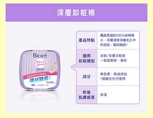 深層卸粧棉　產品特點：觸感柔細的100%純棉棉 片,深層清除深藏毛孔中 的底粧,隨拭隨卸！ 適用彩粧類型：淡粧/多層次粧容 一般型眼粧、唇彩。成分：無色素、無油添加 *接睫毛也可使用。卸後肌膚感受：保濕。