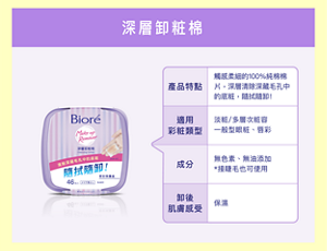 深層卸粧棉　產品特點：觸感柔細的100%純棉棉 片,深層清除深藏毛孔中 的底粧,隨拭隨卸！ 適用彩粧類型：淡粧/多層次粧容 一般型眼粧、唇彩。成分：無色素、無油添加 *接睫毛也可使用。卸後肌膚感受：保濕。