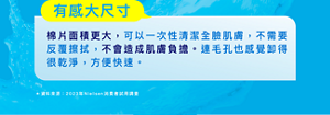 有感大尺寸: 棉片面積更大,可以一次性清潔全臉肌膚,不需要 反覆擦拭,不會造成肌膚負擔。連毛孔也感覺卸得 很乾淨,方便快速。