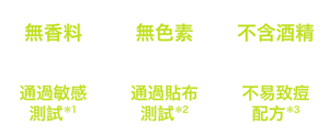 無香料、無色素、不含酒精、通過敏感測試*1、通過貼布測試*2、不易致痘配方*3
