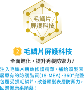 ②毛鱗片屏護科技　全面進化，提升秀髮防禦力！　注入毛鱗片瞬效修護精華，補給頭髮表層原有的 防護脂質(18-MEA)，360°完整包覆受損毛鱗片， 改善頭髮表層防禦力， 回歸健康柔順髮！