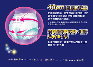 48cm超長吸收體：防護直到腰部,衛生棉與內褲合為一體* 讓整個臀部得到最完整確實的包覆, 再大流量也絕不外漏。　*無需與生理褲重疊使用,推薦只要使用「生理期 夜用安全褲」一片即可  特別量多的夜晚,也能  安心到天亮：股溝合身設計,讓衛生棉貼合臀型任意 翻睡也不怕外漏。