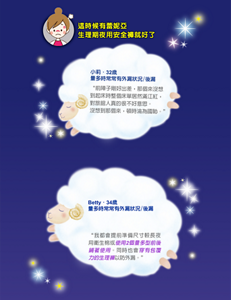 小莉　32歲 量多時常常有外漏狀況/後漏：前陣子剛好出差,那個來沒想 到起床時整個床單居然滿江紅, 對旅館人真的很不好意思。 沒想到那個來,頓時淪為國恥。Betty 34歲 量多時常常有外漏狀況/後漏：我都會提前準備尺寸較長夜 用衛生棉或使用2個量多型前後 鋪著使用。同時也會穿有包覆 力的生理褲以防外漏。