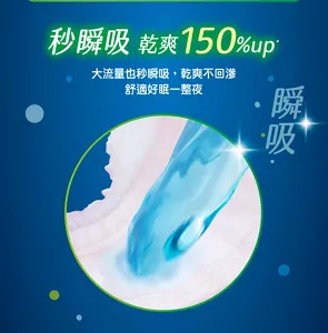 秒瞬吸 乾爽150％up 大流量也秒吸收，乾爽不回滲 舒適好眠一整夜