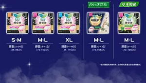 S-M 腰圍22-34吋 (55-85cm)，M-L 腰圍28-40吋 (70-100cm)，XL 腰圍34-46吋 (85-115cm)，100%天然棉 M-L 腰圍30-41吋 (75-105cm)，草本抑菌 M-L 腰圍28-40吋 (70-100cm)