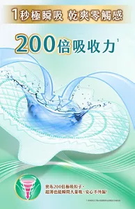 1秒極瞬吸乾爽零觸感 200倍吸收力 密布200倍極吸粒子，超薄也能瞬間大量吸，安心不外漏！