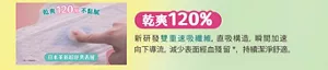 乾爽120％ 新研發雙重速吸纖維，直吸構造，瞬間加速向下導流，減少表面經血殘留，持續潔淨舒適。