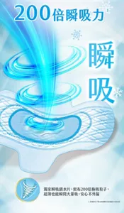 200倍瞬吸力 瞬吸 獨家瞬吸鎖水片，密布200倍極吸粒子，超薄也能瞬間大量吸，安心不外漏