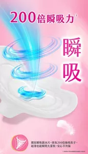 200倍瞬吸力 瞬吸 獨家瞬吸鎖水片，密布200倍極吸粒子，超薄也能瞬間大量吸，安心不外漏