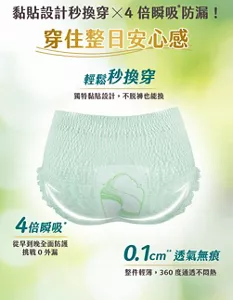 黏貼設計秒換穿×4倍瞬吸防漏！ 穿住整日安心感 輕鬆秒換穿 獨特黏貼設計，不脫褲也能換 4倍瞬吸 從早到晚全面防護 挑戰0外漏 0.1cm透氣無痕 整件輕薄，360度通透不悶熱