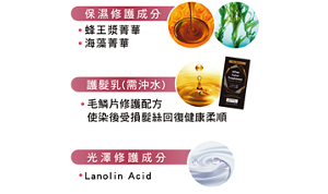 保濕修護成分 蜂王漿菁華 海藻菁華　護髪乳(需沖水) 毛鱗片修護配方使染後受損髪絲回復健康柔順　光澤修護成分 Lanolin Acid
