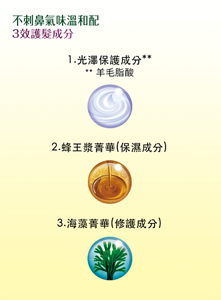 不刺鼻氣味溫和配　3效護髮成分 1.光澤保護成分2.蜂王漿菁華(保濕成分) 3.海藻菁華(修護成分)