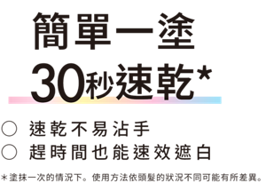 簡單一塗 30秒速乾* 速乾不易沾手 趕時間也能速效遮白  *塗抹一次的情況下。使用方法依頭髮的狀況不同可能有所差異。