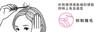 遮白同時整理雜毛 針對頭頂或髮縫的頭髮 同時上色及造型 抑制雜毛