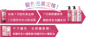 髮色完美定格! 染後7日固色黄金期 7日極致持色洗髮凝露 7日後接續使用 高效持色洗護系列 不只護色，也修護髮質! 修護持色EX護髮膜，修護持色EX護髮油