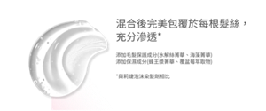 混合後完美包覆於每根髮絲，充分滲透* 添加毛髮保護成分(水解絲菁華、海藻菁華) 添加保濕成分(蜂王漿菁華、覆盆莓萃取物) *與莉婕泡沫染髮劑相比