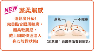 新蓬柔感！ 夢境般輕柔享受  蓬鬆柔軟度升級，  提升眼罩貼合度，  擴大蒸氣包覆範圍， 帶上的瞬間彷彿   進入夢鄉般的舒適。 現行品 改良品  蓬柔感  升級！