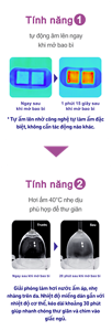 Tính năng 1 tự động âm lên ngay khi mở  bao bì * Tự ấm lên nhờ công nghệ tự làm ấm đặc biệt, không cần tác động nào khác. Tính năng 2 Hơi ấm 40°C nhẹ dịu phù hợp để thư giãn Giải phóng làm hơi nước ấm áp, nhẹ nhàng trên da. Nhiệt độ miếng dán gần với nhiệt độ cơ thể, kéo dài khoảng 30 phút giúp nhanh chóng thư giãn và chìm vào giấc ngủ.