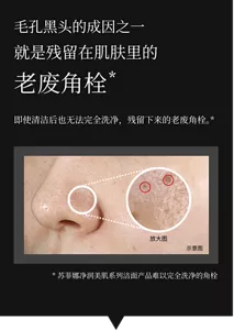 毛孔黑头的成因之一 就是残留在肌肤里的老废角栓*1 毛孔黑头的成因之一是堵塞在毛孔里的层状角栓。 即使清洁后也无法完全洗净，残留下来的老废角栓。*  *  苏菲娜净润美肌系列洁面产品难以完全洗净的角栓 