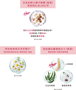 日本初 將川楝子精華（保濕） 添加到ALBLANC中 從約1,600種植物精華中嚴選出來， 滋潤肌膚，平整肌紋， 突顯肌膚透明感。  圖片為示意圖 添加有效成分洋甘菊ET， 抑制黑色素的生成，預防色斑・雀斑 圖片為示意圖  添加潤白護理成分Ⅱ（保濕）， 釋放滋潤、明亮的透明感 人參精華 尤加利精華 藥蜀葵精華 圖片為示意圖