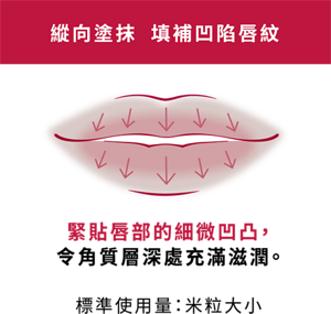 縱向塗抹  填補凹陷唇紋 緊貼唇部的細微凹凸， 令角質層深處充滿滋潤。 標準使用量：米粒大小