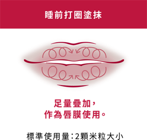 睡前打圈塗抹 足量疊加， 作為唇膜使用。 標準使用量：2顆米粒大小