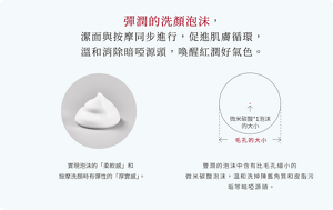 彈潤的洗顏泡沫， 潔面與按摩同步進行，促進肌膚循環， 溫和消除暗啞源頭，喚醒紅潤好氣色。