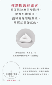 彈潤的洗顏泡沫， 潔面與按摩同步進行，促進肌膚循環， 溫和消除暗啞源頭，喚醒紅潤好氣色。